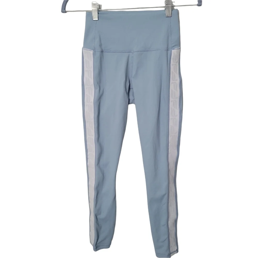 Fabletics Powerhold Baby Blue Logo Stripe Athletic Leggings